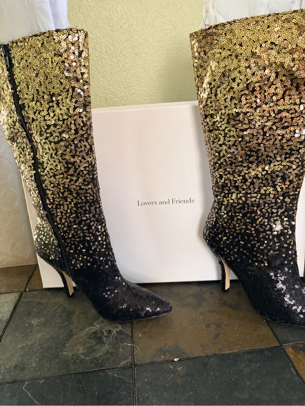 Lovers + Friends Black-to-Gold Sequin Knee-High Stiletto Boots